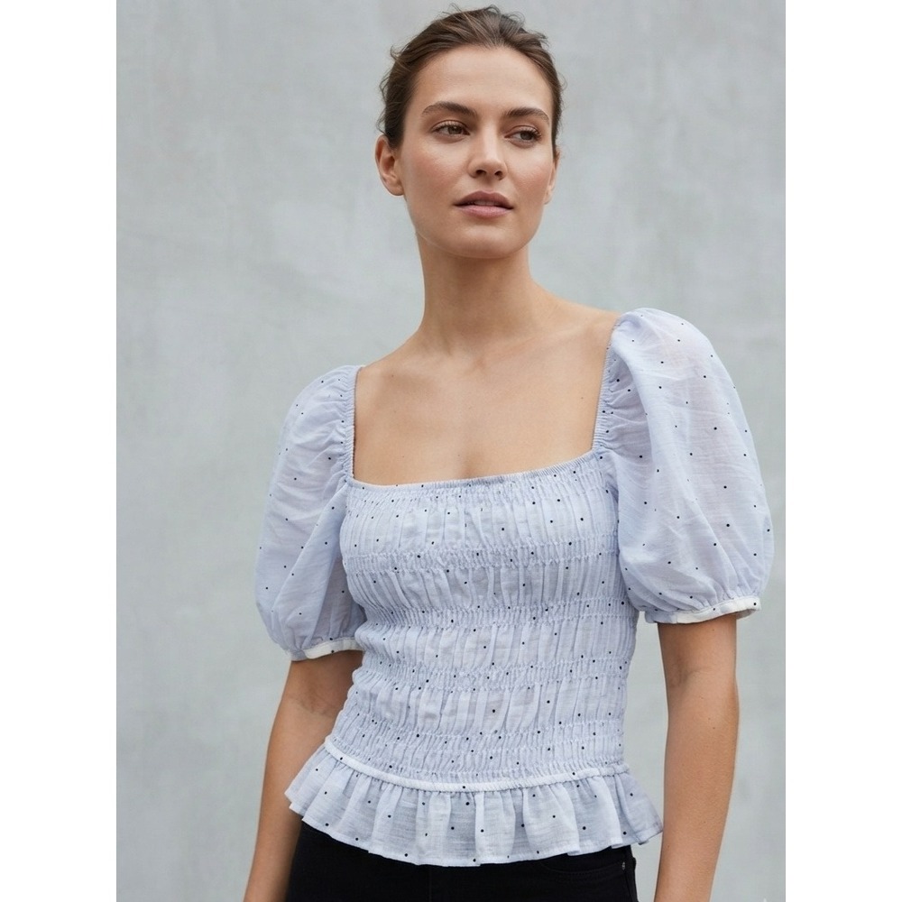 Zara Polka Dot Smocked Puff Sleeve Cottagecore Peasant Crop‎ Top Blue S